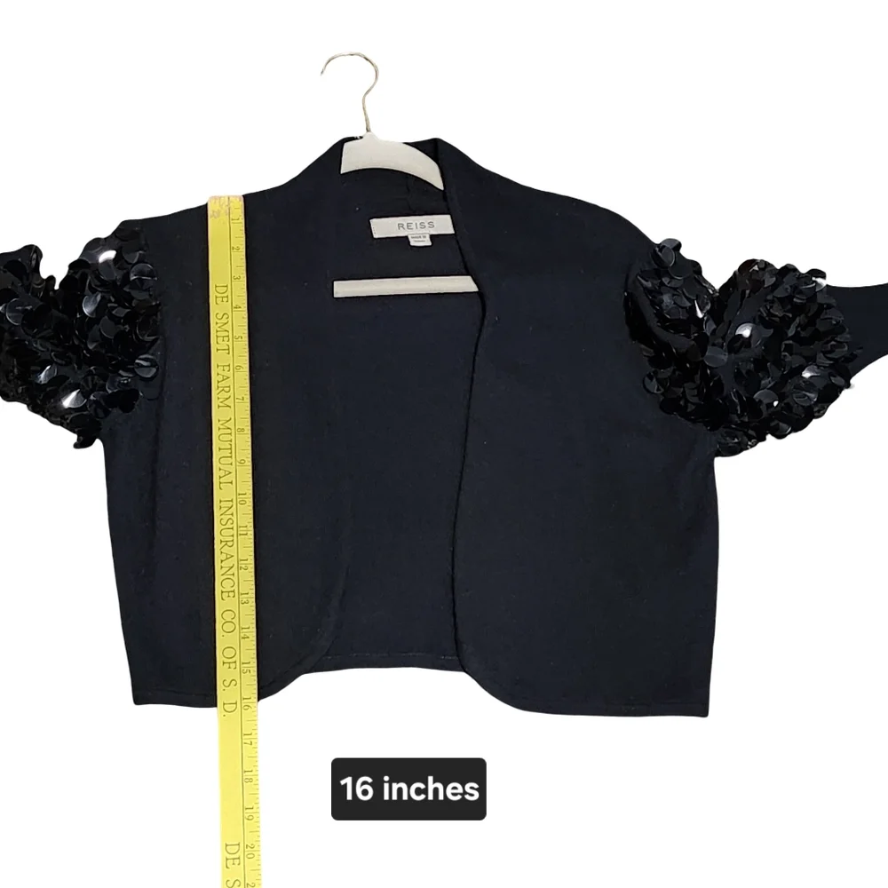 REISS Sequin Cardigan Womens Medium Black Bolero Evening Cashmere Wool Angora - Picture 8 of 12